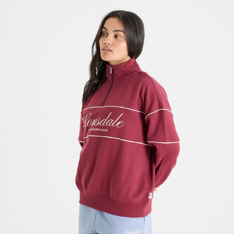 Lonsdale Women's Piped Boxy Quarter Zip Sweatshirt, Red Dark, hi-res
