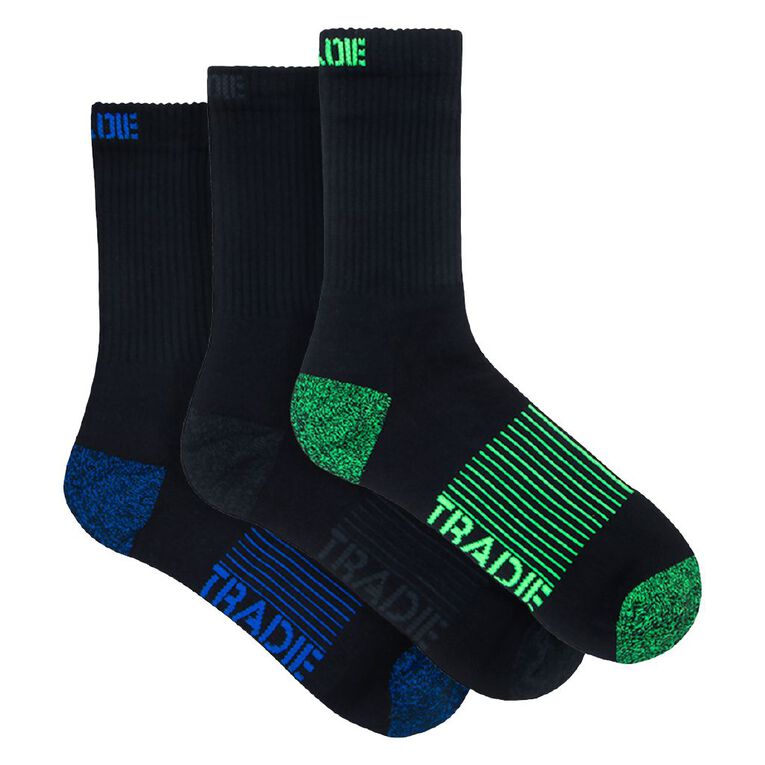 Tradie Men's Ribbed Crew Socks 3 Pack, Black, hi-res