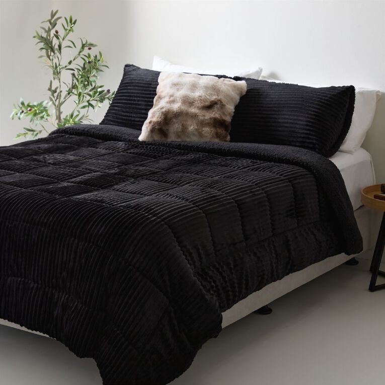 Living & Co 3 Piece Comforter Jacquard Ribbed Black Queen, , hi-res