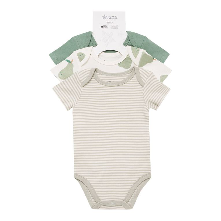 Young Original Babys' Short Sleeve Printed Bodysuit 3 Pack, Cream PEAR, hi-res