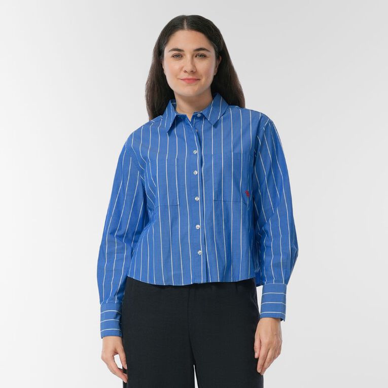 H&H Women's Long Sleeve Boxy Crop Shirt, Blue/White, hi-res