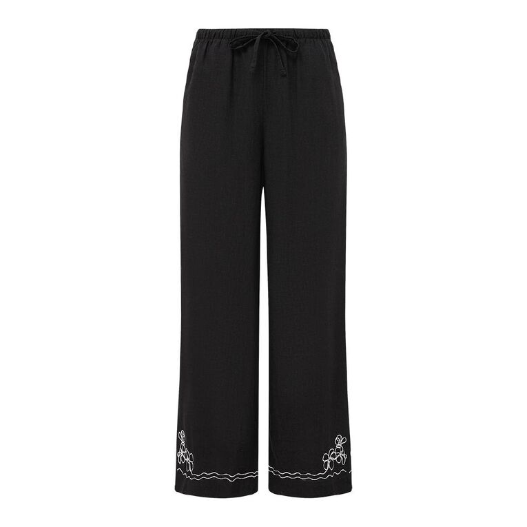 H&H Women's Wide Leg Linen Embroidery Pants, Black, hi-res