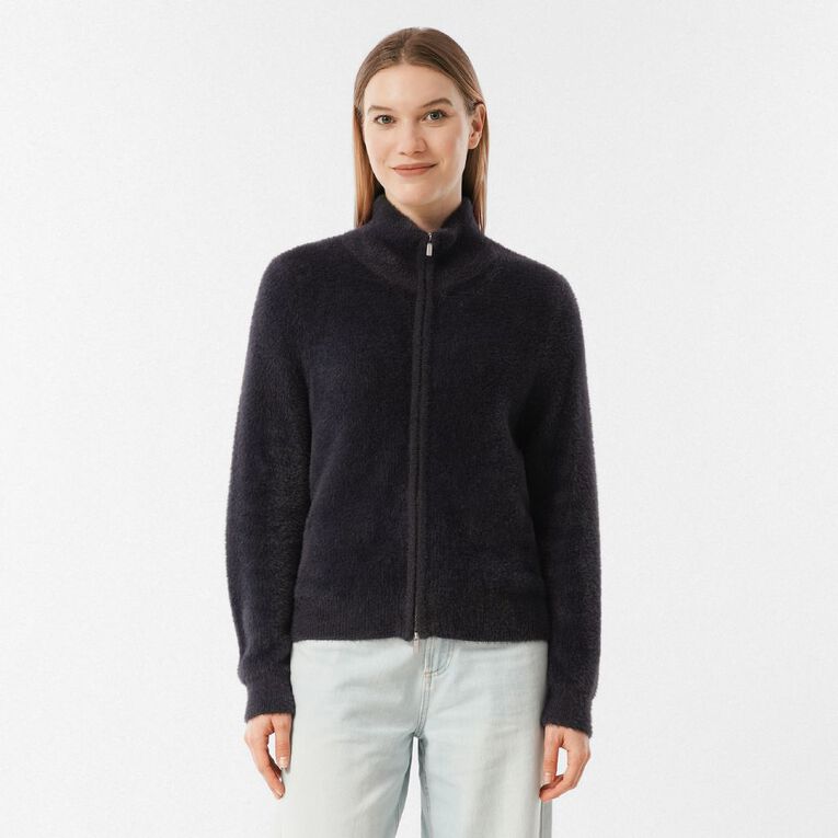 H&H Women's Zip Front Funnel Neck Knit, Black, hi-res