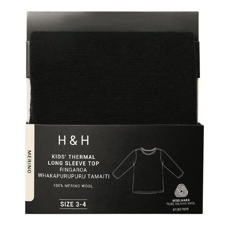 H&H Kids' Merino Thermal Long Sleeve Top, Black, hi-res