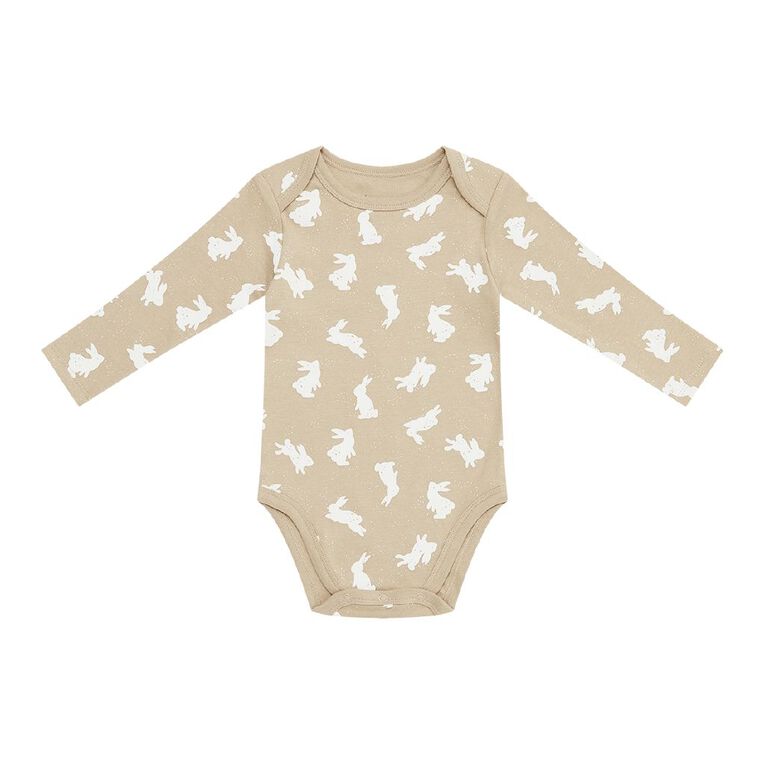 Young Original Babys' Long Sleeve Printed Bodysuit 3 Pack, Brown Light BUNNIES, hi-res