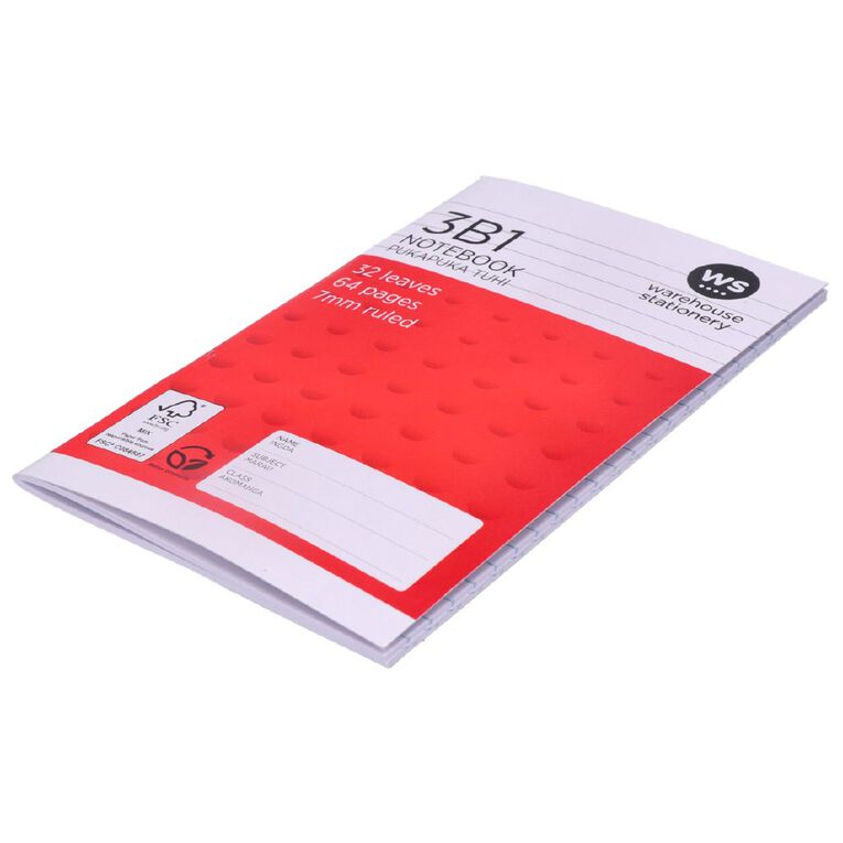 WS Notebook 3B1 7mm Ruled 32 Leaf Red, , hi-res