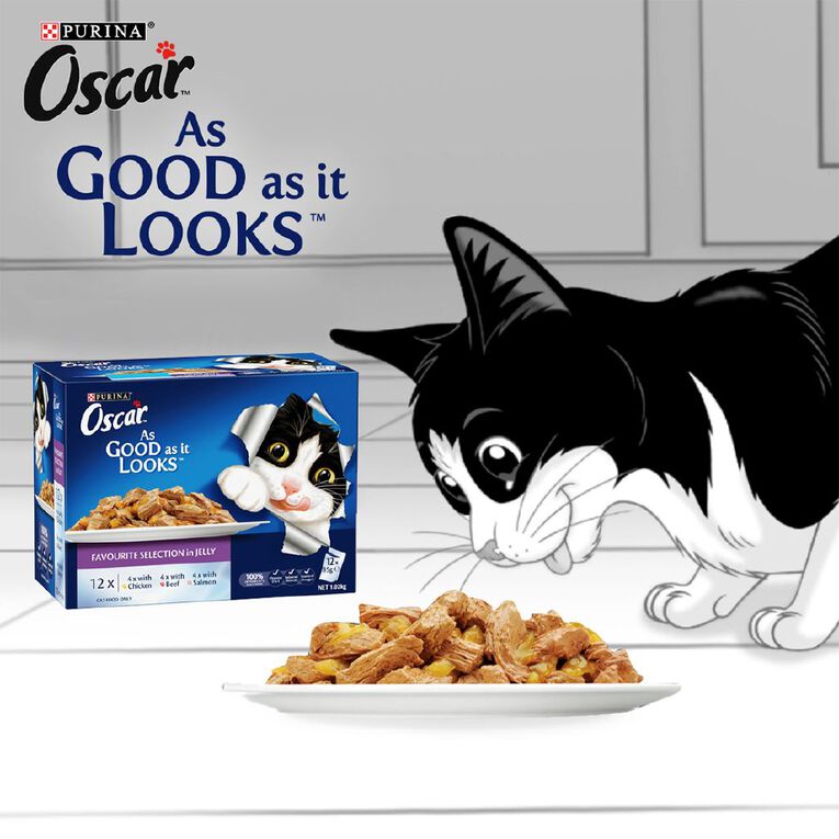 Oscar Adult Favourites Selection Jelly Wet Cat Food Pouch 12 x 85g, , hi-res