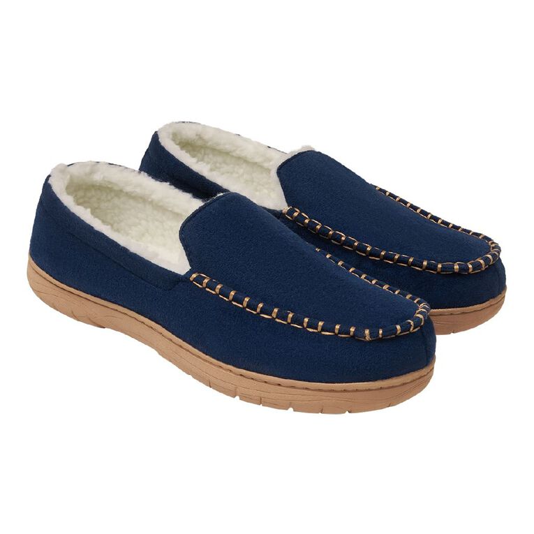 H&H Men's Harvey Moccasin Slippers, Navy, hi-res