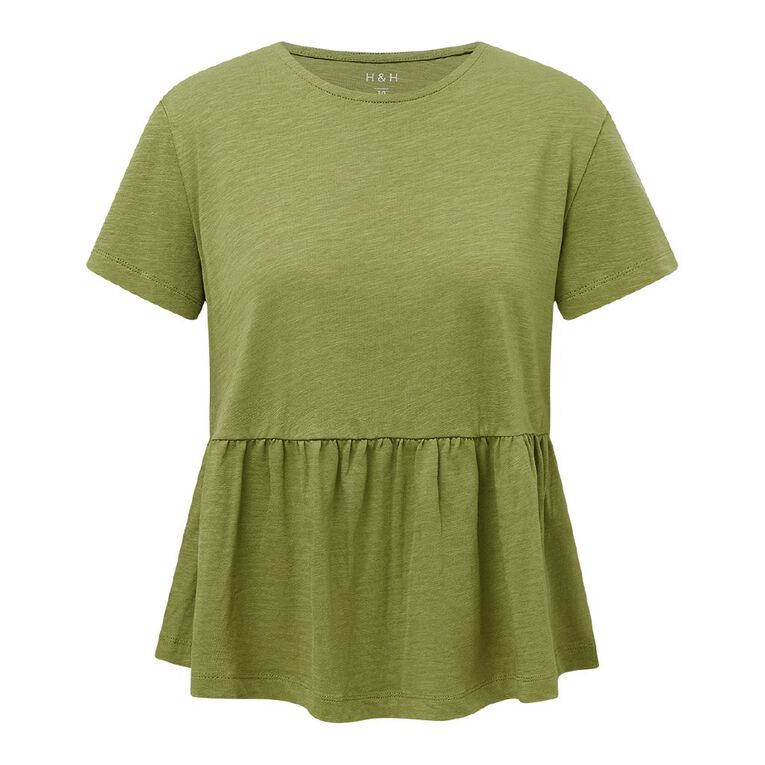 H&H Women's Short Sleeve Peplum Top, Green Mid, hi-res