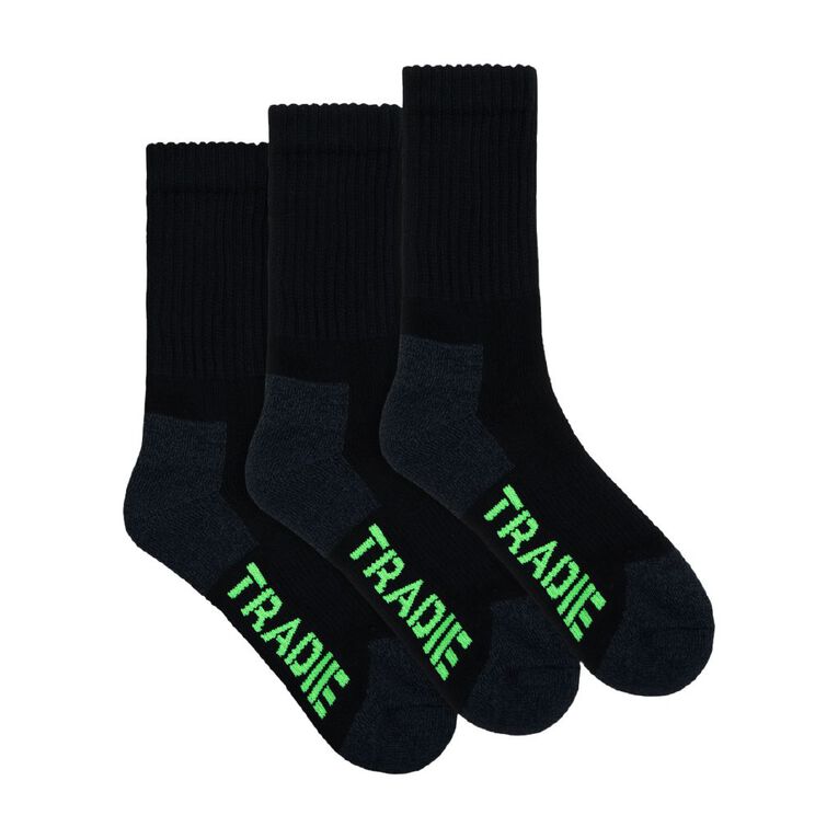 Tradie Tough Men's Work Crew Socks 3 Pack, Black/Green, hi-res