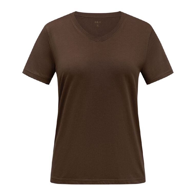 H&H Women's Short Sleeve V Neck Tee, Brown Mid, hi-res