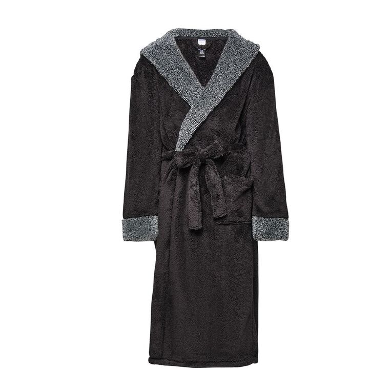 H&H Men's Shaggy Fleece Robe, Black, hi-res