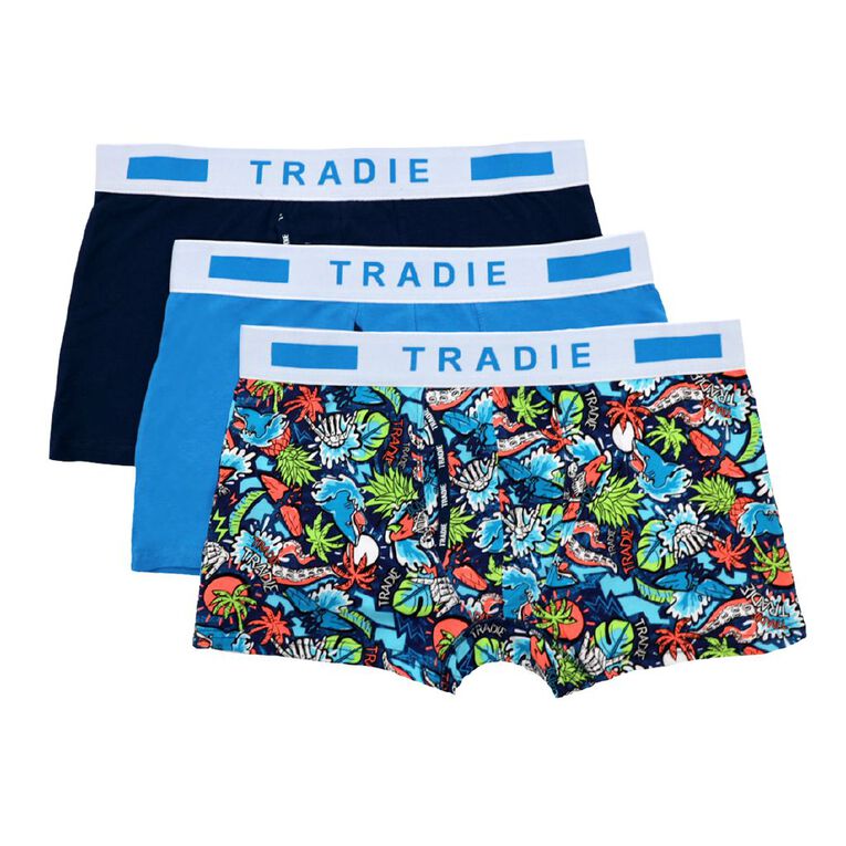 Tradie Men's Fly Front Trunks 3 Pack, Blue/Navy, hi-res
