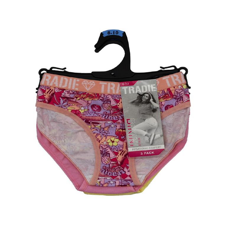 Tradie Girls' Bikini Briefs 3 Pack, Pink Light, hi-res