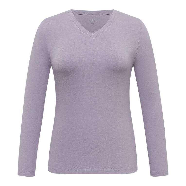 H&H Essentials Women's Stretch Cotton Long Sleeve V Neck, Purple Light, hi-res