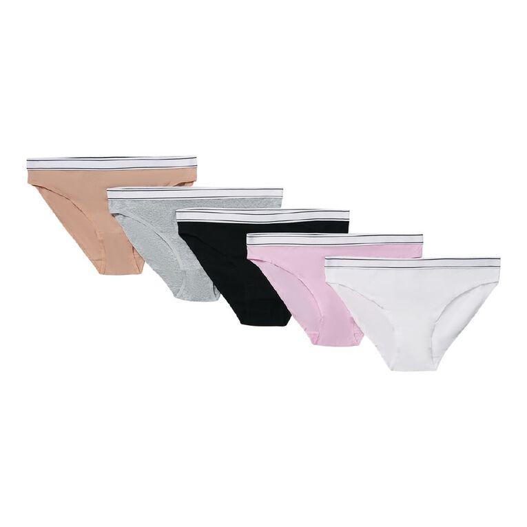 H&H Women's Cotton Elastane Rib Bikini Briefs 5 Pack, Black, hi-res
