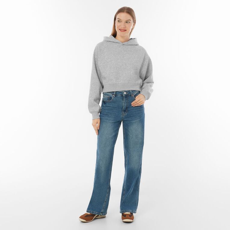Garage Women's Cropped Diamante Studded Hoodie, Grey Marle, hi-res