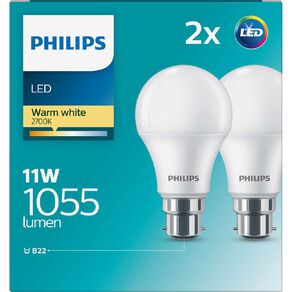 Philips LED B22 Light Bulb 11W Frosted Warm White 2 Pack