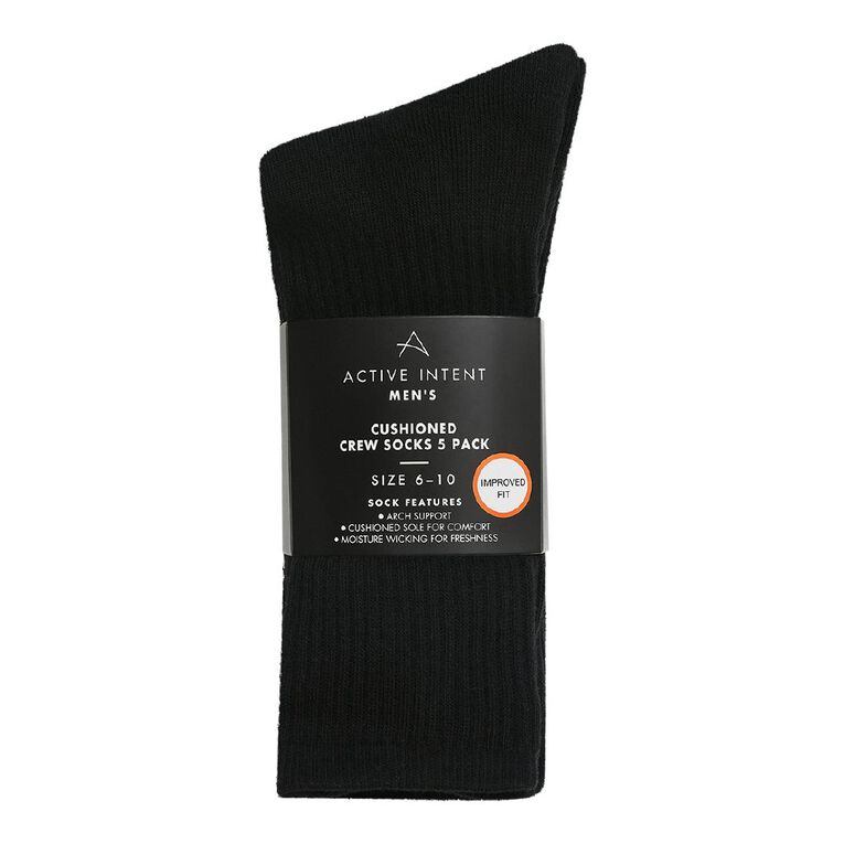 Active Intent Men's Cushioned Crew Socks 5 Pack, Black, hi-res