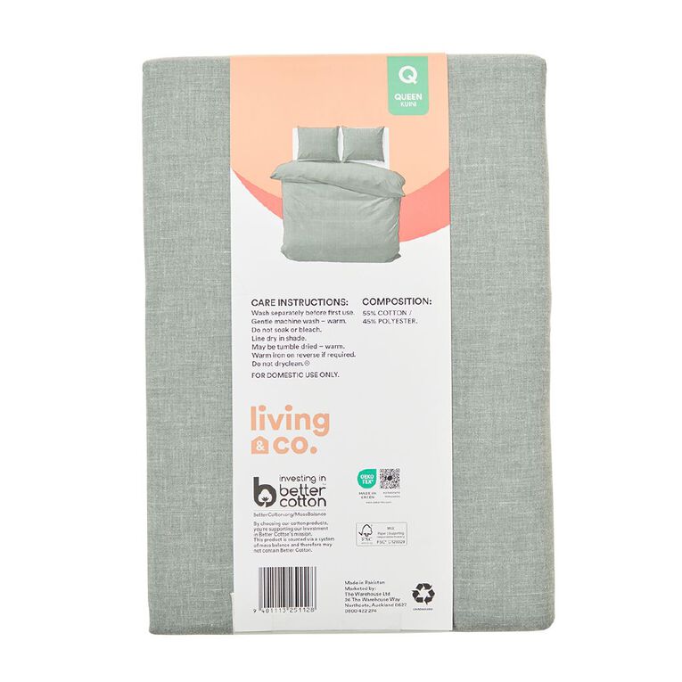 Living & Co Chambray Cotton Rich Duvet Cover Set Green Queen, Green, hi-res