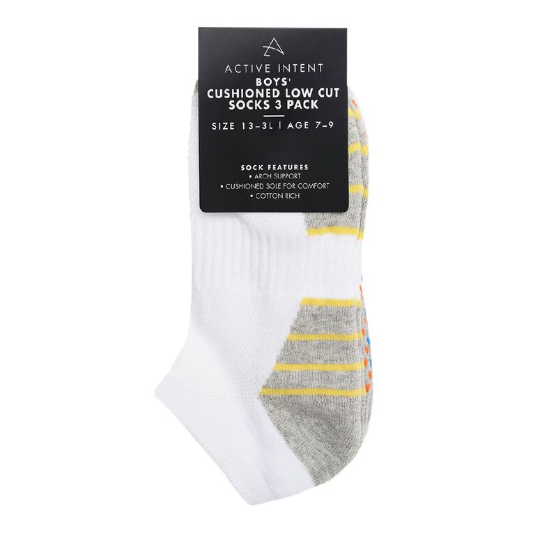 Active Intent Boys' Low Cut Cushioned Socks 3 Pack, White, hi-res