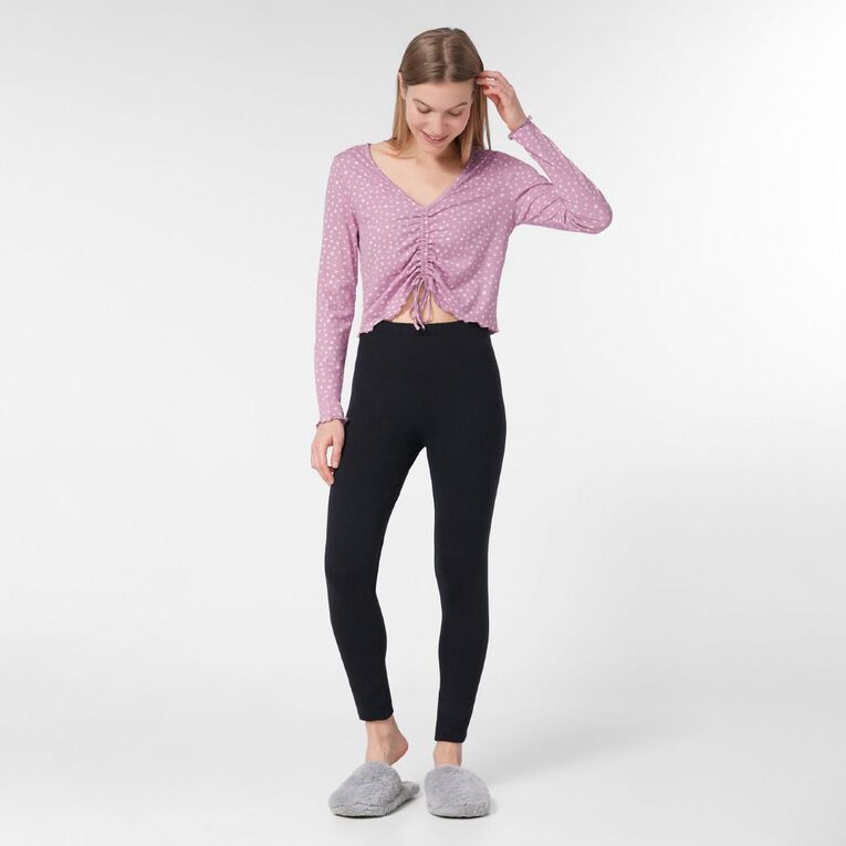 H&H Women's Gathered Rib Pyjama Top, Purple Mid, hi-res