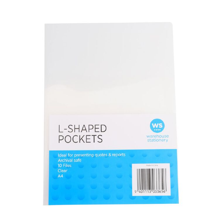 WS L-shaped Pockets 10 Pack Clear A4, , hi-res