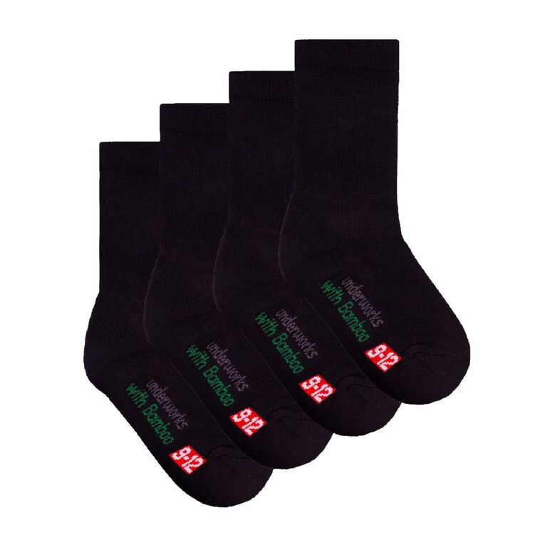 Underworks Kids' Bamboo School Crew Socks 4 Pack, Black, hi-res