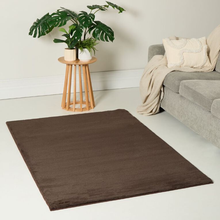 Living & Co Rug Faux Fur Plain Chocolate Brown Mid 120cm x 180cm, Brown Mid, hi-res