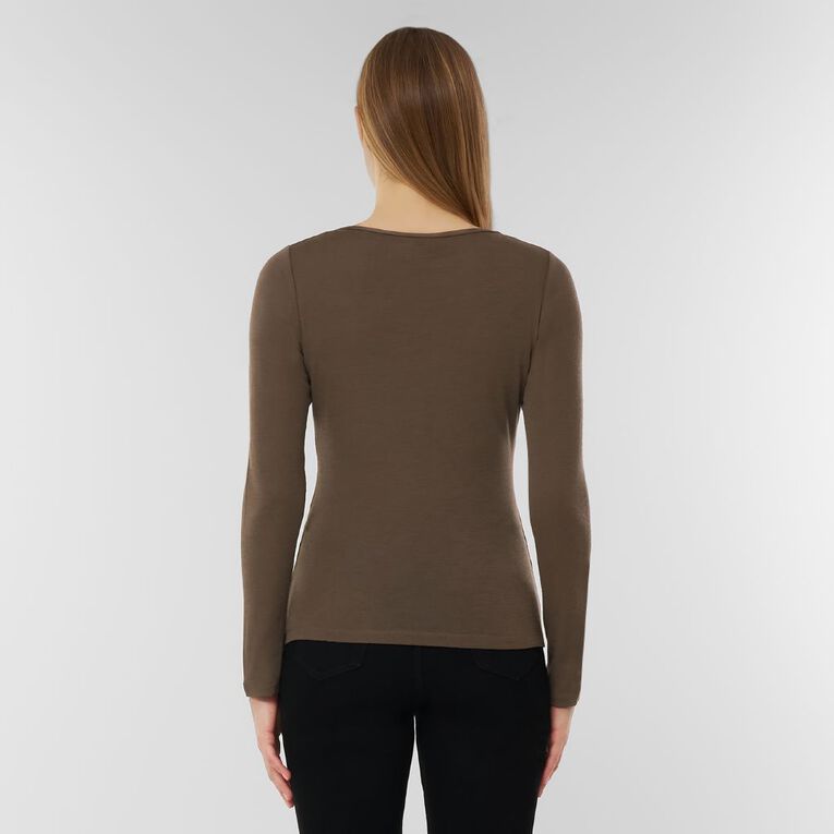 H&H Women's Merino Blend Crew Neck Top, Brown Mid, hi-res