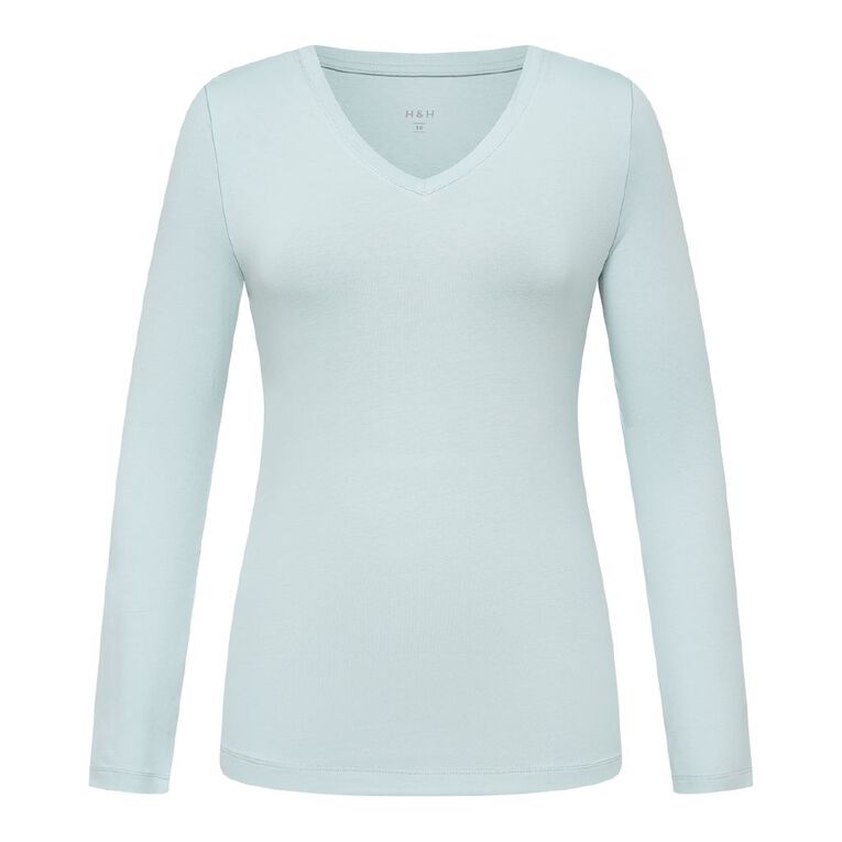 H&H Women's Stretch Cotton Long Sleeve V Neck, Blue Light, hi-res