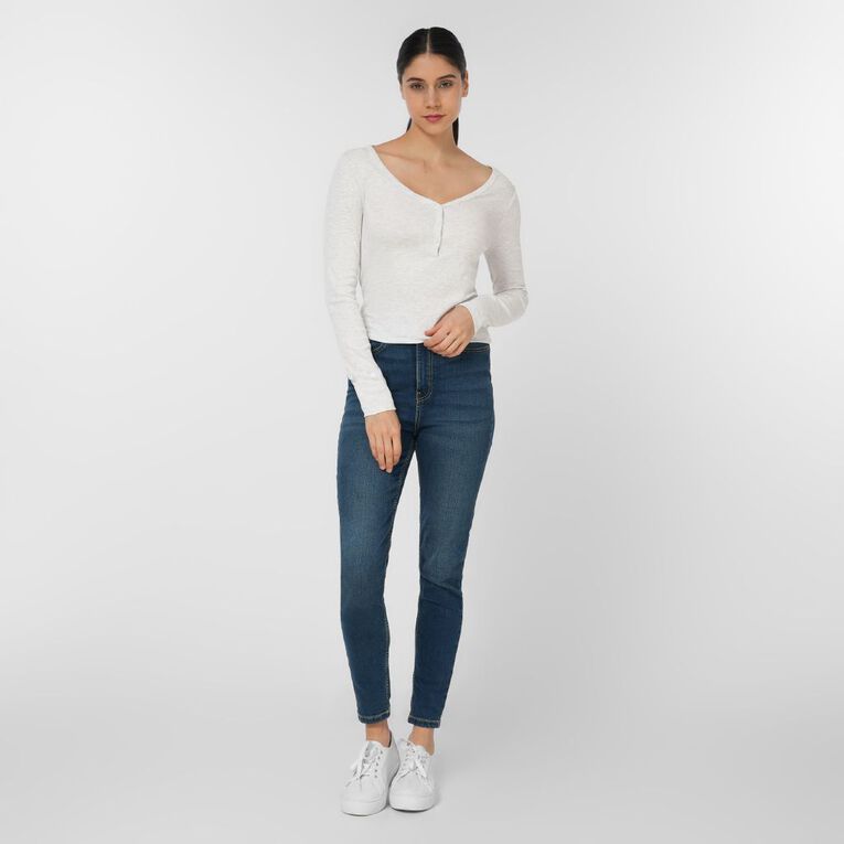 H&H Women's Long Sleeve Henley Rib Top, Grey Light, hi-res