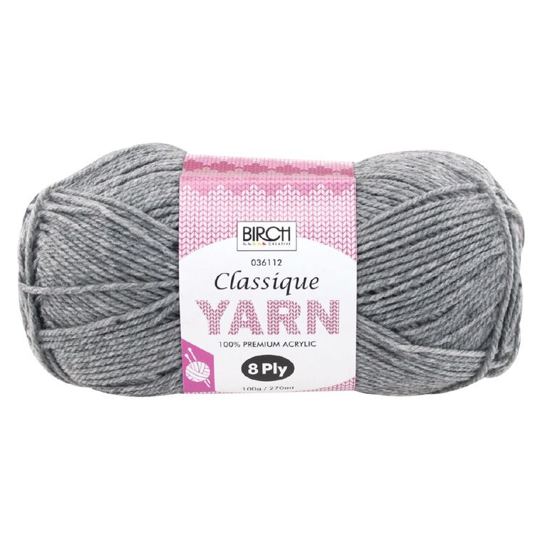Birch Classique Yarn 100% Premium Acrylic 100g Ball 8 Ply Grey Mid, , hi-res