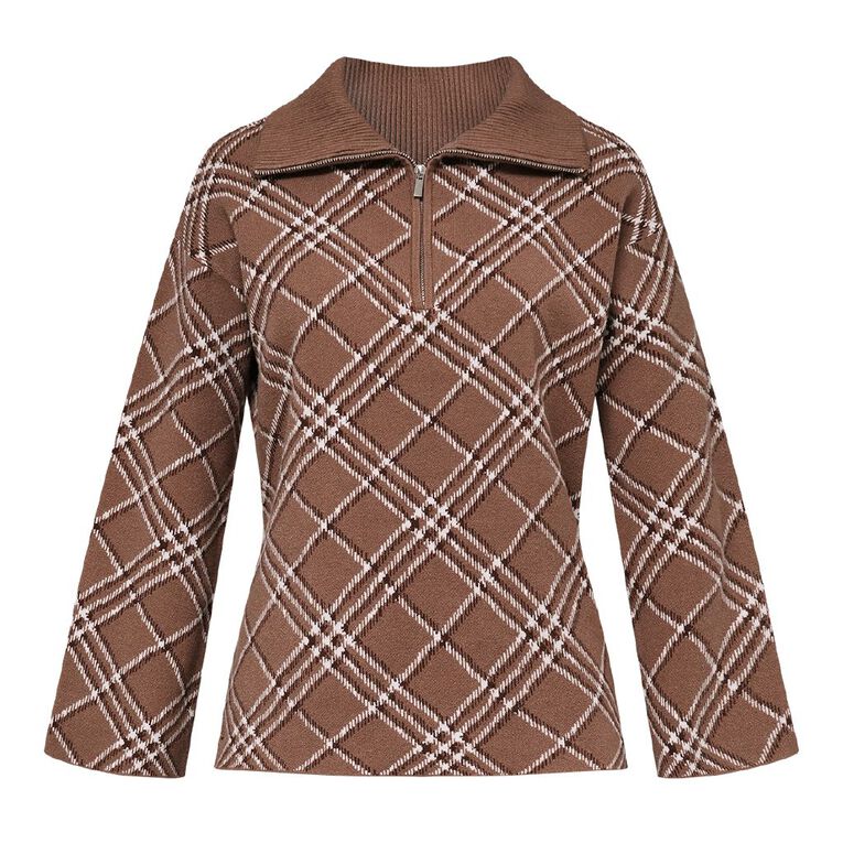 H&H Women's 1/4 Zip Jaquard Knit Jumper, Brown Light, hi-res
