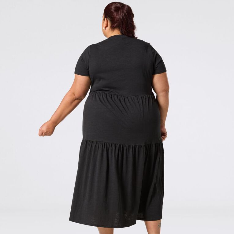H&H Curve Women's Short Sleeve Slub Tier Midi Dress, Black, hi-res