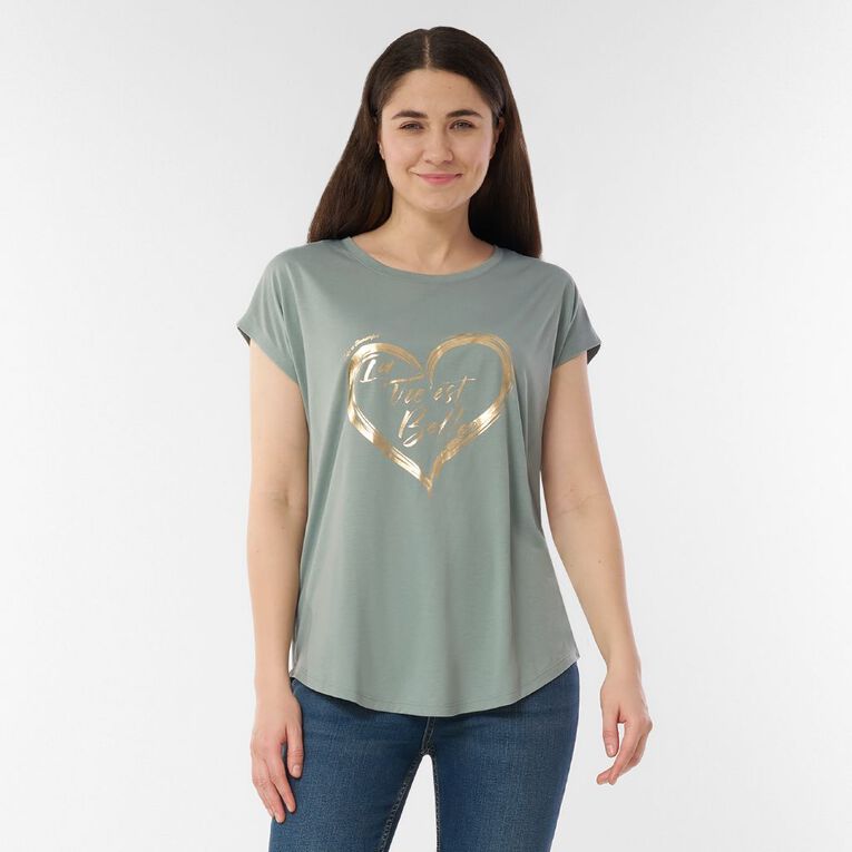 H&H Women's Short Sleeve Print Tee, Green Light, hi-res