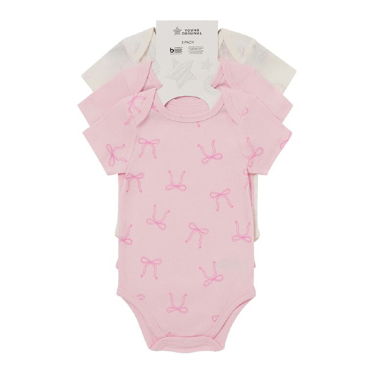 Young Original Babies' Short Sleeve Printed Bodysuit 3 Pack, Pink Light BOWS, hi-res