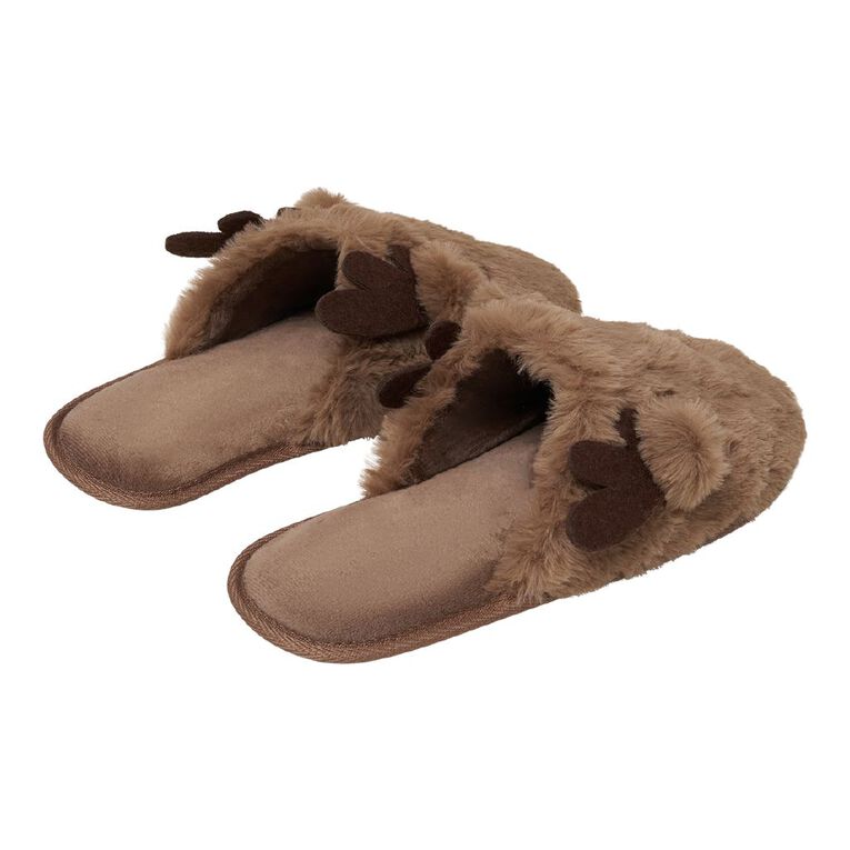 H&H Women's Reindeer Slippers, Brown, hi-res