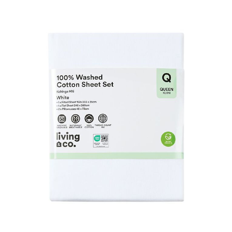 Living & Co 100% Washed Cotton Sheet Set White Double, White, hi-res