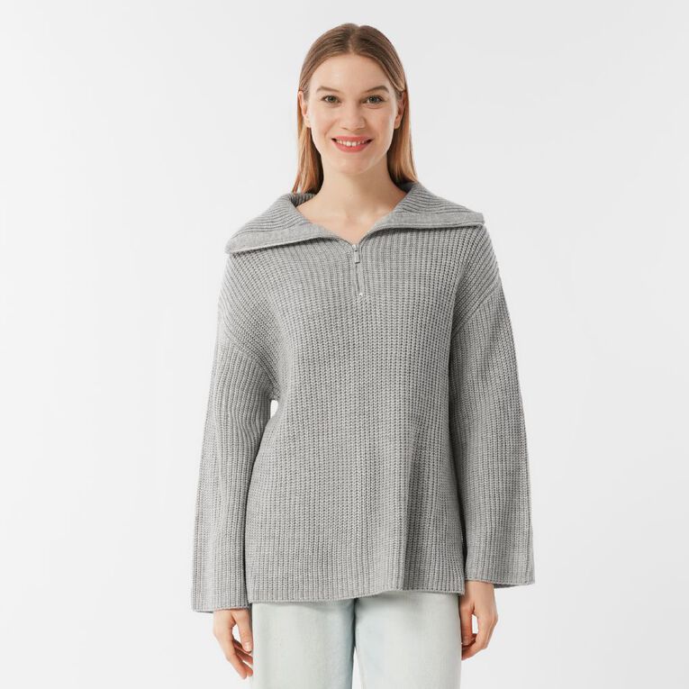 H&H Women's Quarter Zip Rib Knit Jumper, Grey Marle, hi-res
