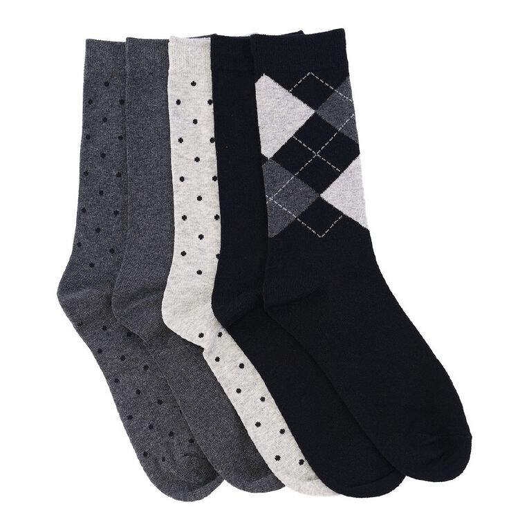 H&H Men's Business Crew Patterned Socks 5 Pack, Black/Grey W25 Mixed, hi-res