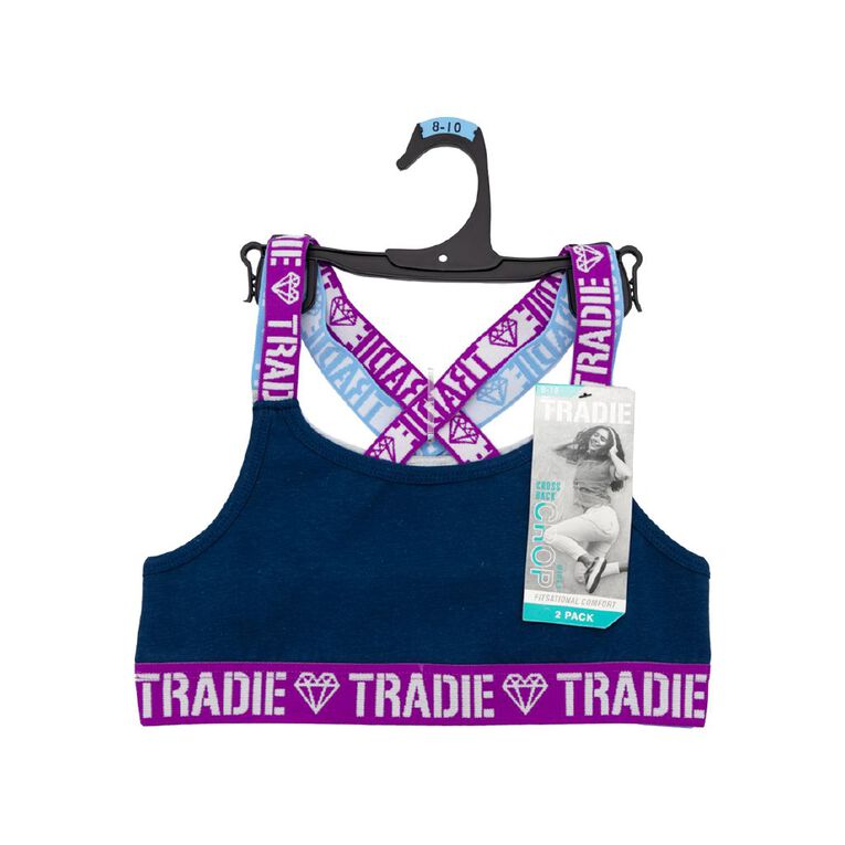 Tradie Girls' Crossback Crop 2 Pack, Navy, hi-res
