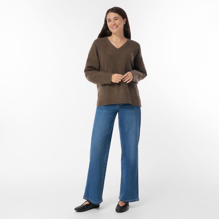 H&H Women's Relaxed V Neck Jumper, Brown Dark, hi-res