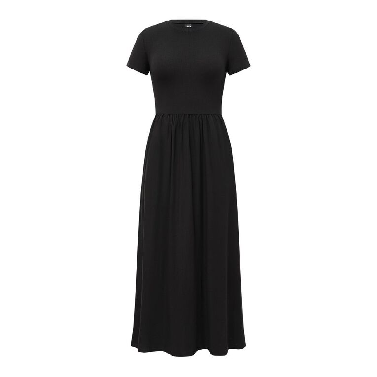 H&H Women's Short Sleeve Ribbed Bodice Midaxi, Black, hi-res