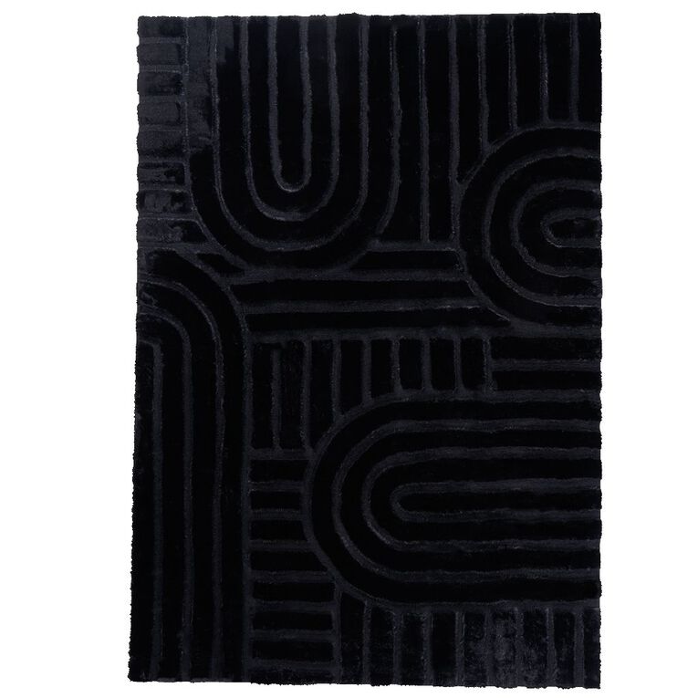 Living & Co Rug Faux Fur Carved Black 160cm x 230cm, , hi-res