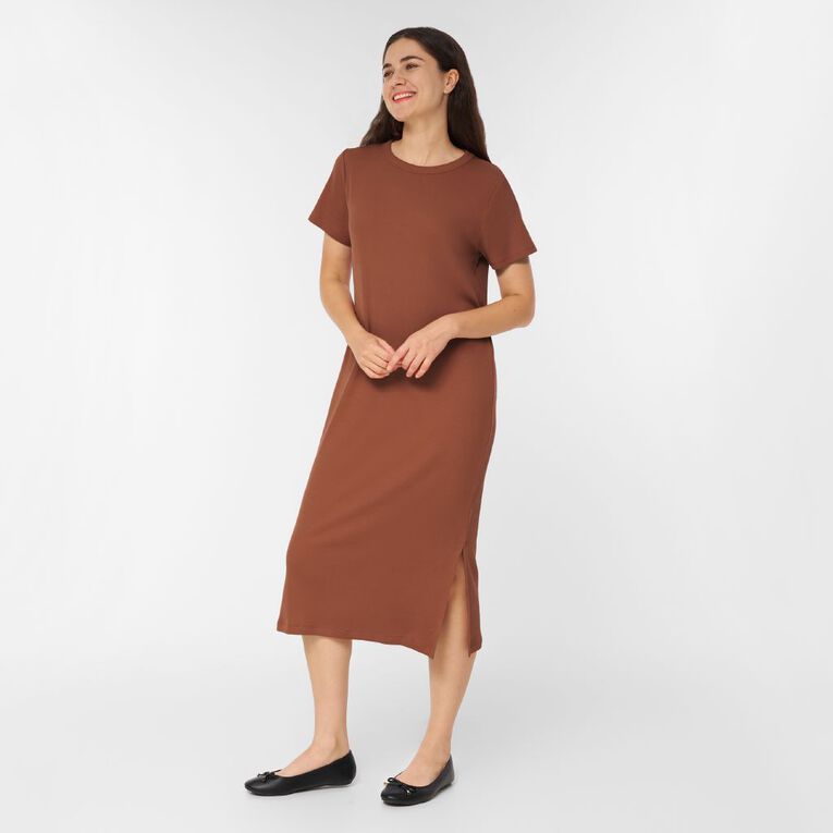 H&H Women's Short Sleeve Rib Tee Dress Midi, Brown Light, hi-res