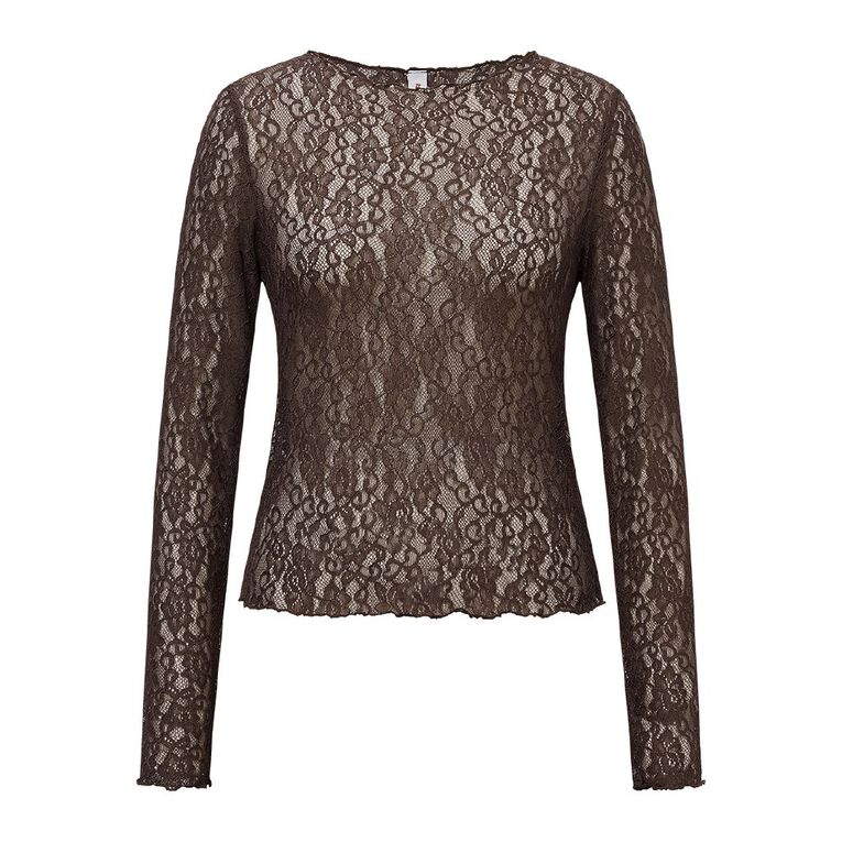 BRDRLESS Lexi Lace Long Sleeve Top, Brown, hi-res