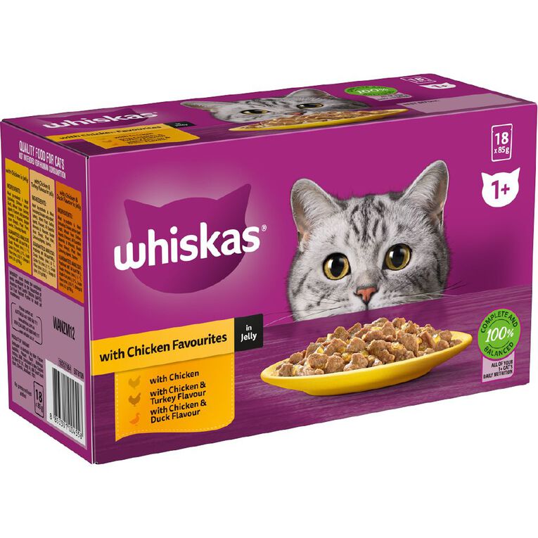 Whiskas Wet Cat Food Chicken Mixed Favourites In Jelly 18x85g Box, , hi-res
