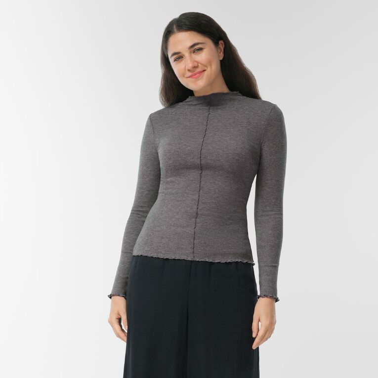 H&H Women's Long Sleeve Fine Rib Seam Detail Top, Grey Dark, hi-res