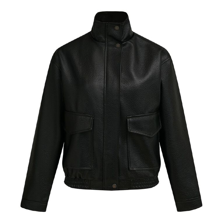 H&H Women's PU Funnel Neck Bomber Jacket, Black, hi-res